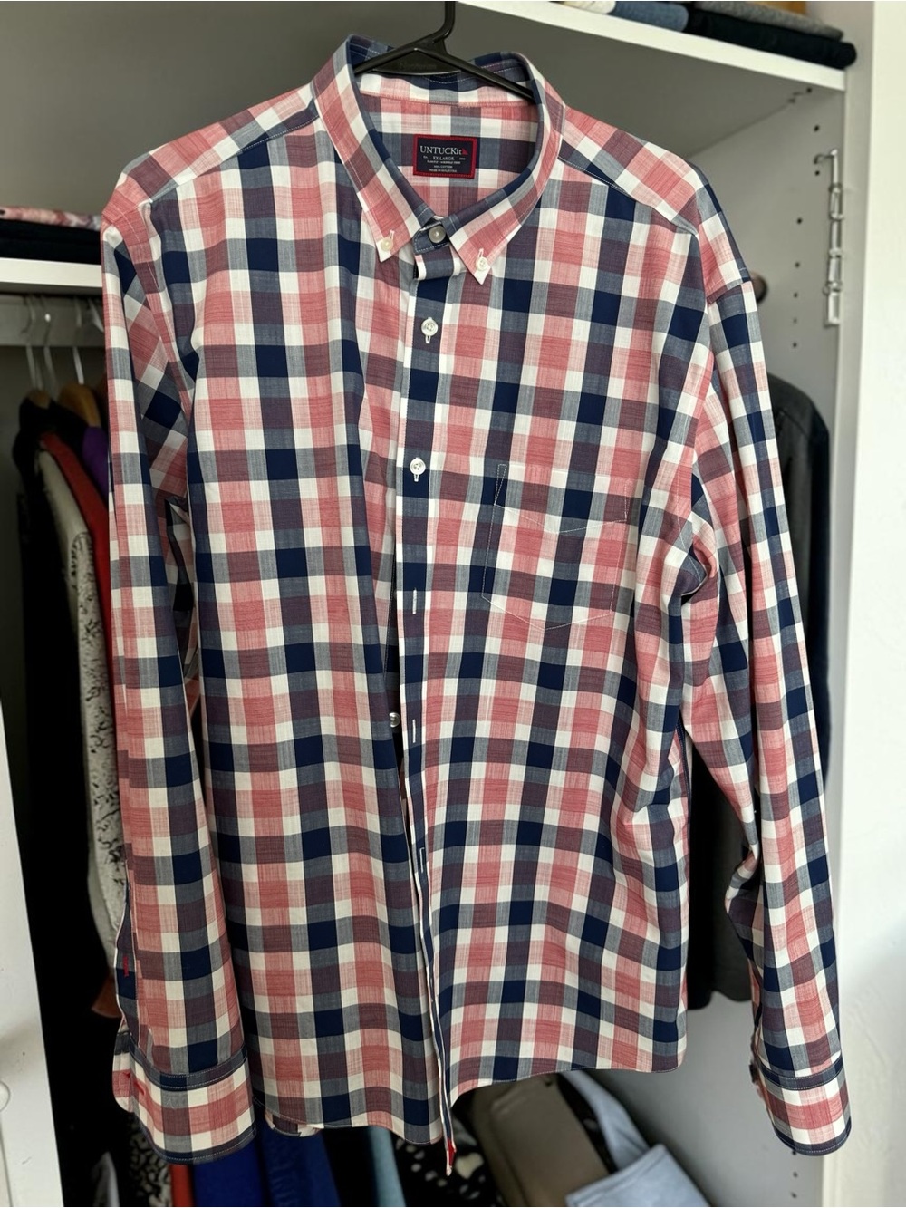 UNTUCKit Mens XXL Slim Fit Wrinkle Free Plaid Shirt Red Navy White Check